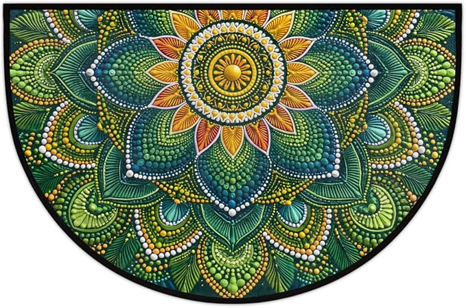 Mandala Half Round Door Mat Semi Circle Rug Half Moon Doormat | Soft Washable Green Blue Welcome Entrance Mat for Outdoor Indoor Floor Bedroom Bathroom Home Kitchen Festival Decor