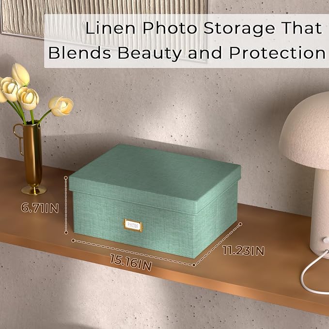 Decorative Photo Storage Box, Linen Photo Box Holds 1700 5x7 Pictures Green | Photo Storage Containers with 8 Dividers, Memory Keepsake Organizer for Photos, Scrapbook Supplies, Cards, Stamps,Archive Box
