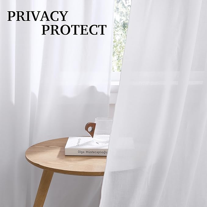 RYB HOME Living Room Curtains Linen Sheer, Light Filtering White Linen Curtains - Image 3