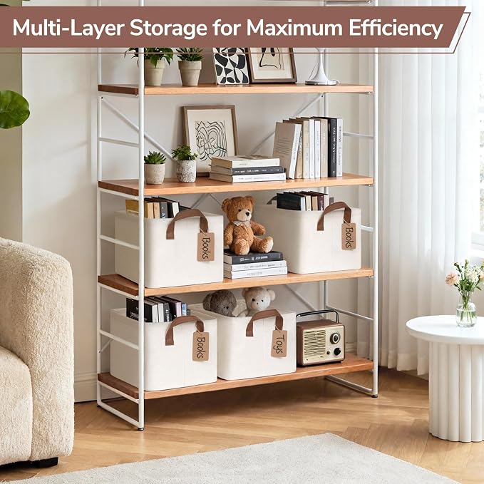 CHICVITA 4 Pack Fabric Shelf Storage Baskets with Metal Frame, Beige | 14.8 × 10.3 × 8.3 in, Collapsible Design, Leather Handles, Closet Organization, Clothes, Towels, Linens & Bedroom Storage