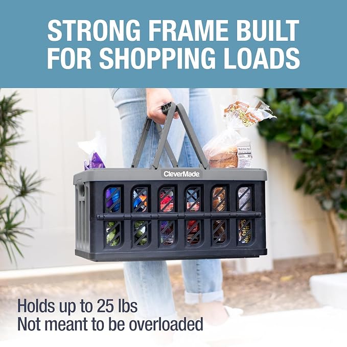 CleverMade Collapsible Shopping Basket, 24L, Stone | Rigid walls protect groceries and supplies. Each basket carries 25 lb, stacks securely, and folds to 2.25 inches.