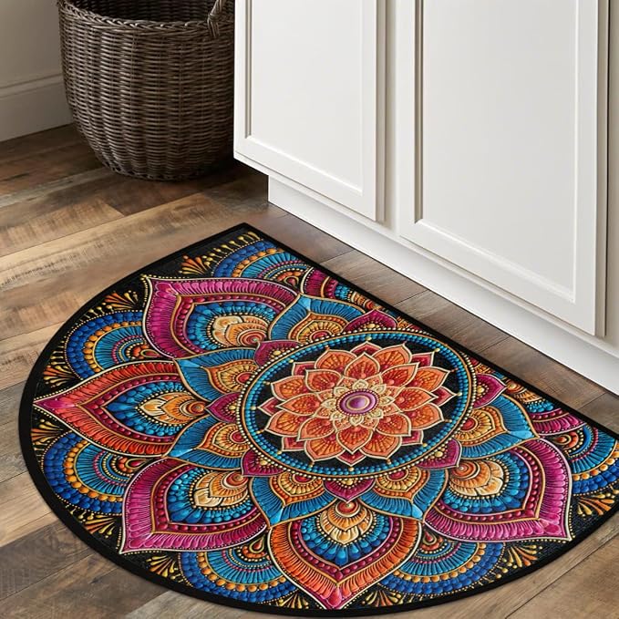 Flower Half Round Door Mat Semi Circle Rug Half Moon Doormat | Soft Washable Colorful Boho Welcome Entrance Mat for Outdoor Indoor Floor Bedroom Bathroom Home Kitchen Festival Decor