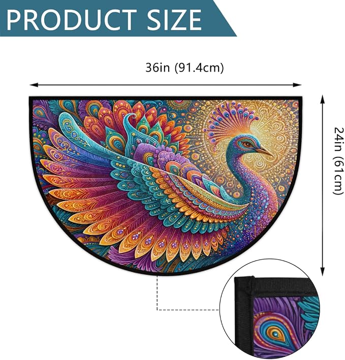 Peacock Half Round Door Mat Semi Circle Rug Half Moon Doormat | Soft Washable Mandala Decorative Welcome Entrance Mat for Outdoor Indoor Floor Bedroom Bathroom Home Kitchen Festival Decor