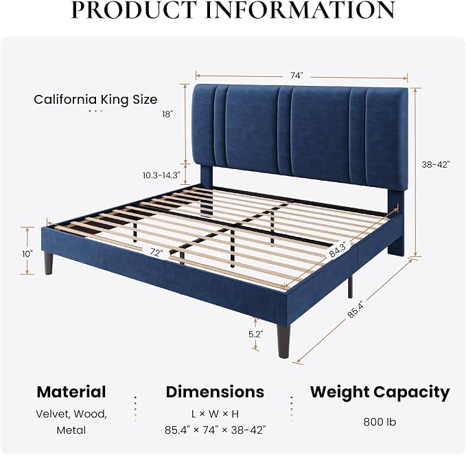 SHA CERLIN California King Bed Frame, Velvet Upholstered Bed with Adjustable Headboard, Vertical Channel Tufted Design, Sturdy Wood Slat Support, No Box Spring Needed, Easy Assembly, Blue