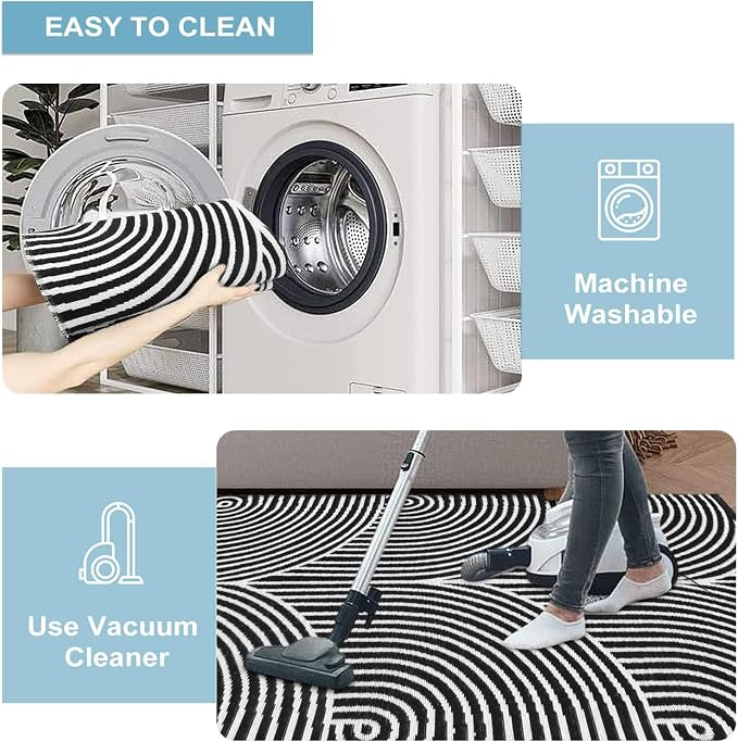 Tiffasea Black and White Runner Rug 2.7'x8' Washable Indoor Outdoor Runner | Modern Runner Rug Reversible Cotton Woven Machine Washable Runner Rug for Entryway Hallway Kitchen Bedroom Black