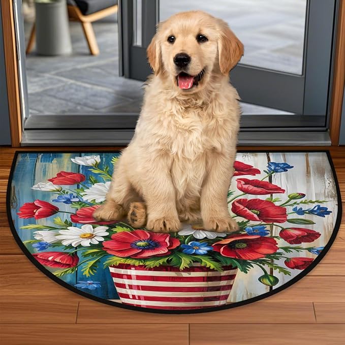 Spring Flower Wood Half Round Door Mat Non-Slip Semi Circle Rug Washable Half Moon Floor Rug Absorbent Bathroom Area Rugs for Outdoor Indoor Fireplace Mat Entryway Kitchen Decor Rugs