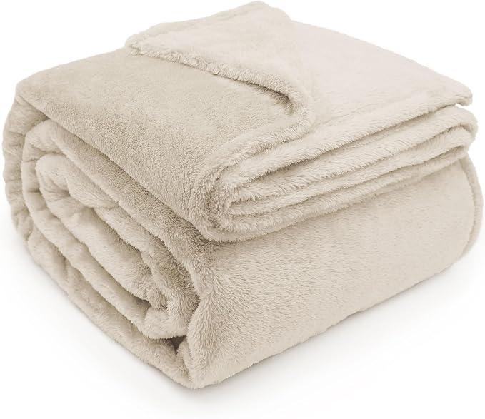 DEZ FURNISHINGS Ultra Soft Plush Fleece Throw Blanket, Double Sided Cozy Thick Warm Blanket for Sofa & Bed, King (108" x 90"), Beige
