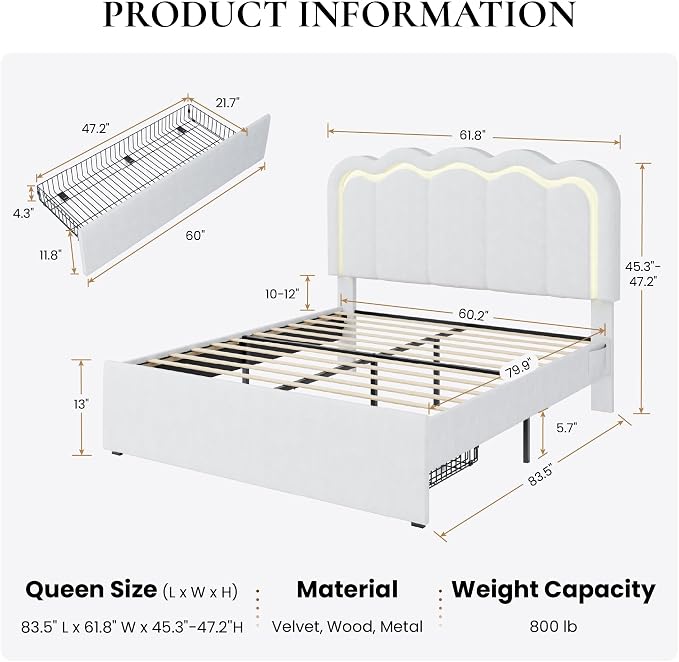 SHA CERLIN Queen Size Bed Frame with LED Lights and Storage Drawer, White | Upholstered Velvet Platform Bed with Adjuatable Wavy Headboard, Noise-Free, Easy Assembly,No Box Spring Needed