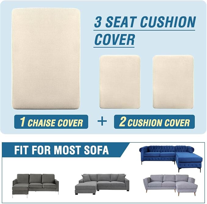 H.VERSAILTEX Sectional Couch Covers 3 Pieces Sofa Seat Cushion Covers L Shape Separate Cushion Couch Chaise Cover for Both Left/Right Sectional Couch (Seat Only: 1 Chaise + 2 Sofa, Cream)