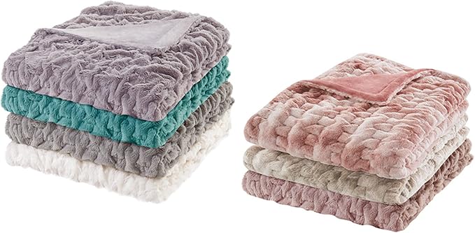 Comfort Spaces Ruched Throw Set Faux Fur Blanket, 50 x 60, Blush Tie Dye | Ultra Soft, Cozy Warmth for Sofa or Bed, Plush, OEKO-TEX Certified