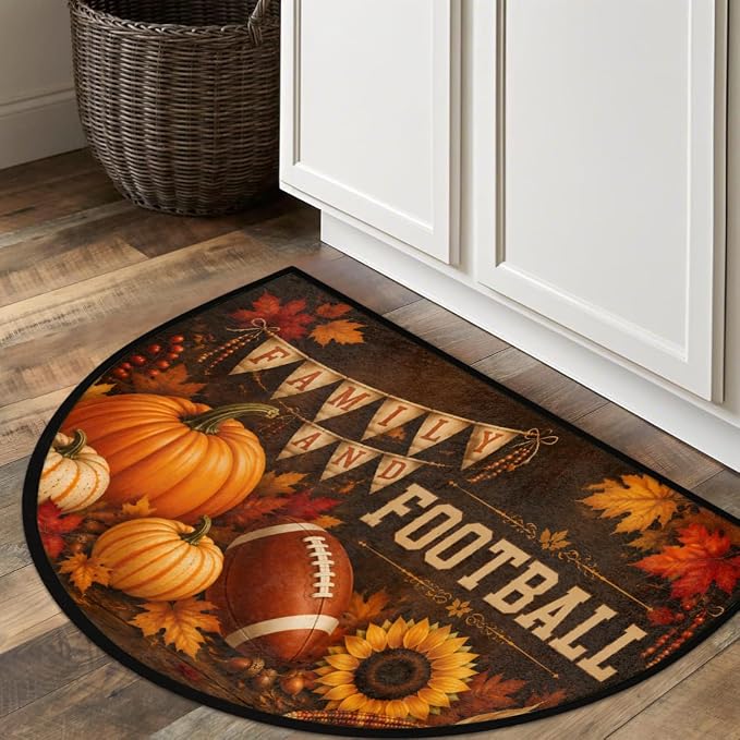 Thanksgiving Half Round Door Mat Outdoor Doormat Bedroom Entrance Rug A8 | Autumn Pumpkin Thanksgiving Semi Moon Door Mat Non-Slip Absorbent Kitchen Rug Indoor Welcome Bath Mat 36" X 24"