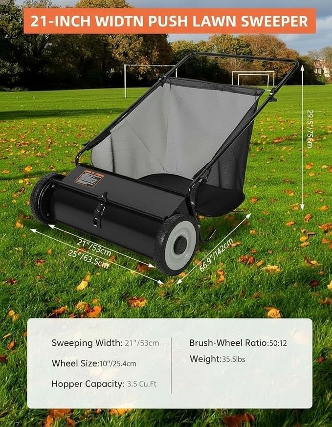 21-Inch Push Lawn Sweeper,7 Cu. Ft. Large Capacity Collection Bag | 4 Spinning Brushes, Adjustable Height, Durable Steel Frame with Rubber Wheels for Grass, Leaves,Debris On All Terrains