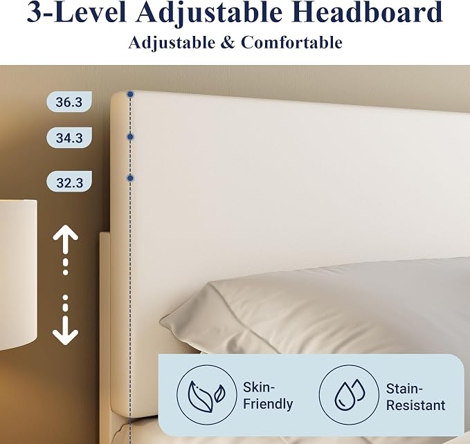 Allewie King Size Upholstered Bed Frame Adjustable Headboard, White | Platform Bed with Heavy Duty Mattress Foundation, Noise-Free, Easy Assembly, Wood Slat Support, No Box Spring Needed