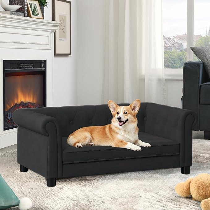 Dog Sofa for Small & Medium Dogs | Removable & Washable | No Assembly Required | Breathable Linen Fabric | Soft Foam |Floor-friendly sofa legs |Black