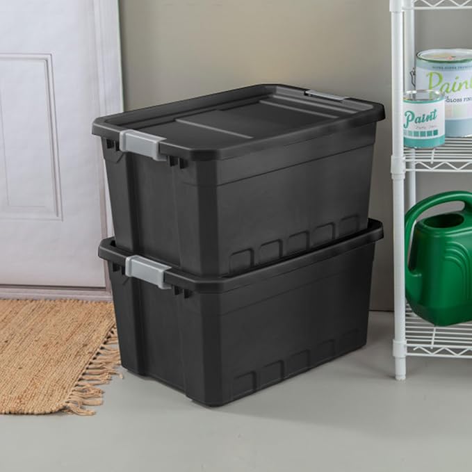 Sterilite Stacker Tote with Latching Lids for Garage, 19 Gallon, 12-Pack | Heavy-Duty and Stackable Plastic Boxes and Containers for Home, Desk, Cabinet, Dorm, Basement, or Utility Organization