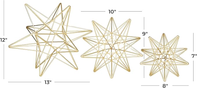 CosmoLiving by Cosmopolitan Metal Star Decorative Sculpture Home Decor Statues, Set of 3 Accent Figurines 12", 9", 7"H, Gold