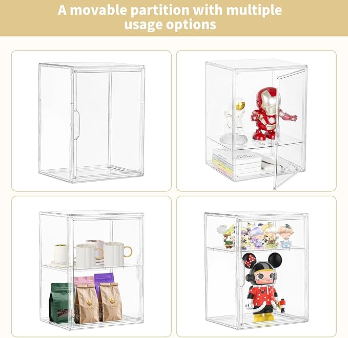 Attelite Acrylic Display Case for Figures 3 Adjustable Layers 4Pack | 2 Tier Clear Storage Bi, Clear Display for Collectibles,Easy Assembly,Stackable Acrylic Box,Dustproof,Magnetic Door
