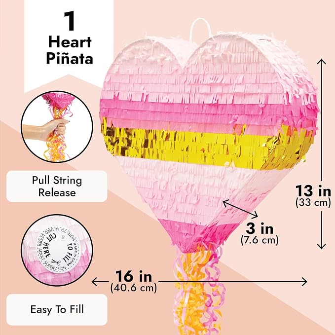 Sparkle and Bash Pull String Pinata - 16 x 13 x 3 In, Pink & Gold Ombre - Heart Shaped Pinata for Girls' Birthday Party Supply & Decoration