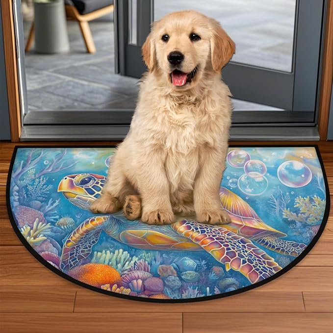 cfpolar Ocean Summer Sea Turtle Half Round Door Mat Indoor Entrance Half Circle Area Rug Semi Circular Door Mat Half Moon Rug for Floor Bathroom Living Room Bedroom Kitchen Fireplace 24"x36",A-09