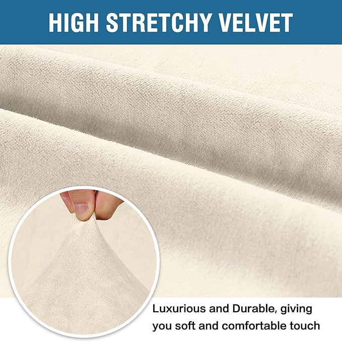 H.VERSAILTEX Stretch Velvet Sofa Covers for 3 Cushion Couch Covers Furniture Protector Soft with Non Slip Elastic Bottom, Crafted from Thick Comfy Rich Velour (Large Sofa 90"-97", Ivory)