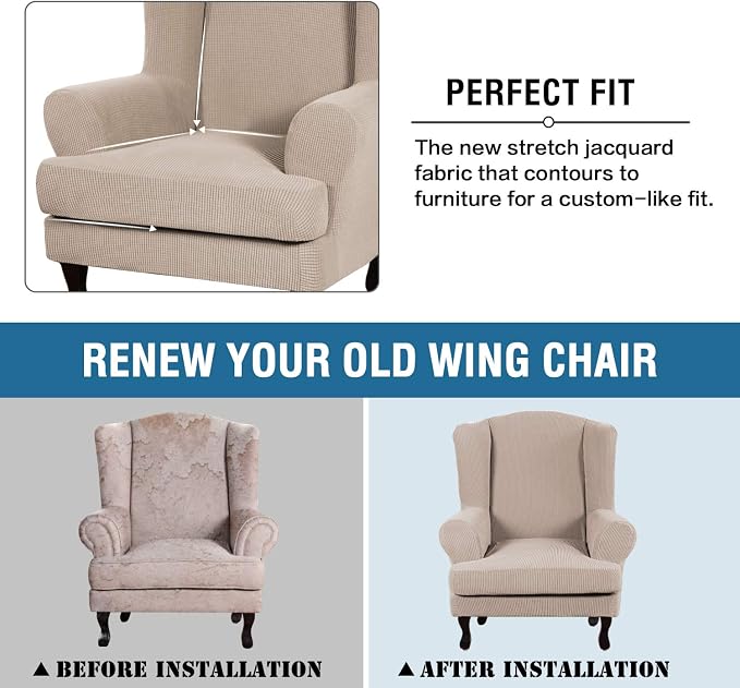 H.VERSAILTEX 2 Piece Stretch Jacquard Wingback Chair Covers Slipcovers Wing Chair Covers (Base Cover Plus Seat Cushion Cover) Furniture Covers for Wingback Chairs, Form Fitted Thick Soft, Sand
