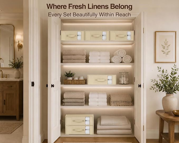 DIMJ Bed Sheet Organizers and Storage 8 Pack - Foldable Sheet Holder, Linen Closet Organizer Box for Sheets Set, Bedding, Blankets, Towel (King & Queen Size)