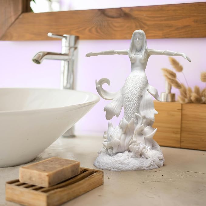 Design Toscano Oceans Queen Mermaid Figurine Statue, 9 Inch, Bonded Marble Polyresin, White