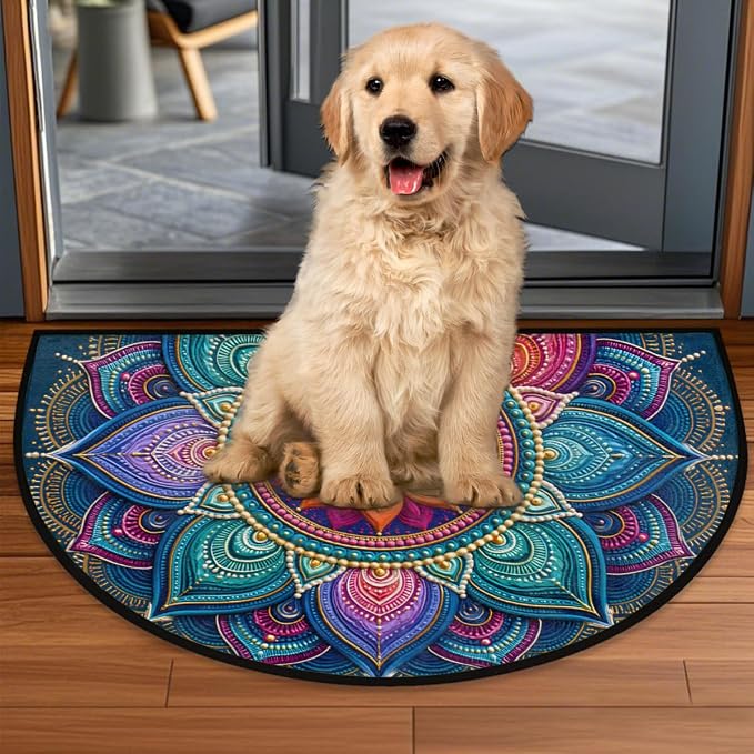 Mandala Half Round Door Mat Semi Moon Rug Fireplace Carpet Area Rugs | Ethnic Color Non Slip Absorbent Half Circle Mat Carpet for Indoor Outdoor Patio Kitchen Bathroom Entryway Home Decor