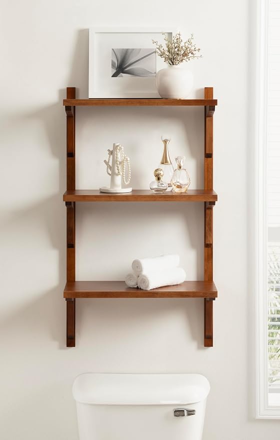 Kate and Laurel Meridien Modern Three-Tier Wooden Shelves, 18 x 9 x 32, Walnut Brown, Stunning Tiered Wall Shelf for Storage and Display as Cute Nursery Shelving or Over-the Toilet Storage