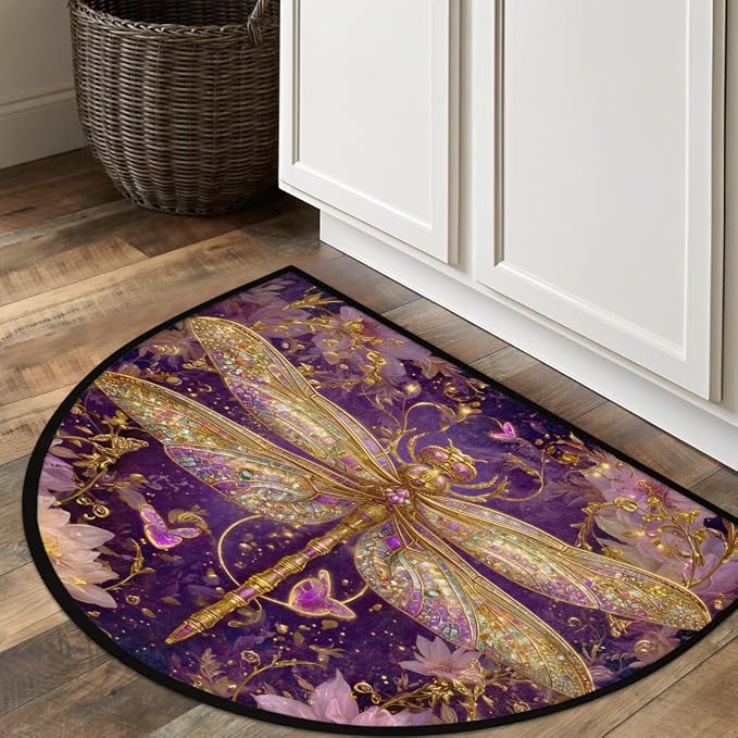 Dragonfly Half Round Door Mat Outdoor Doormat Bedroom Entrance Rug A19 | Bohemian Dragonfly Flower Semi Moon Door Mat Non-Slip Absorbent Kitchen Rug Indoor Welcome Bath Mat 36" X 24"