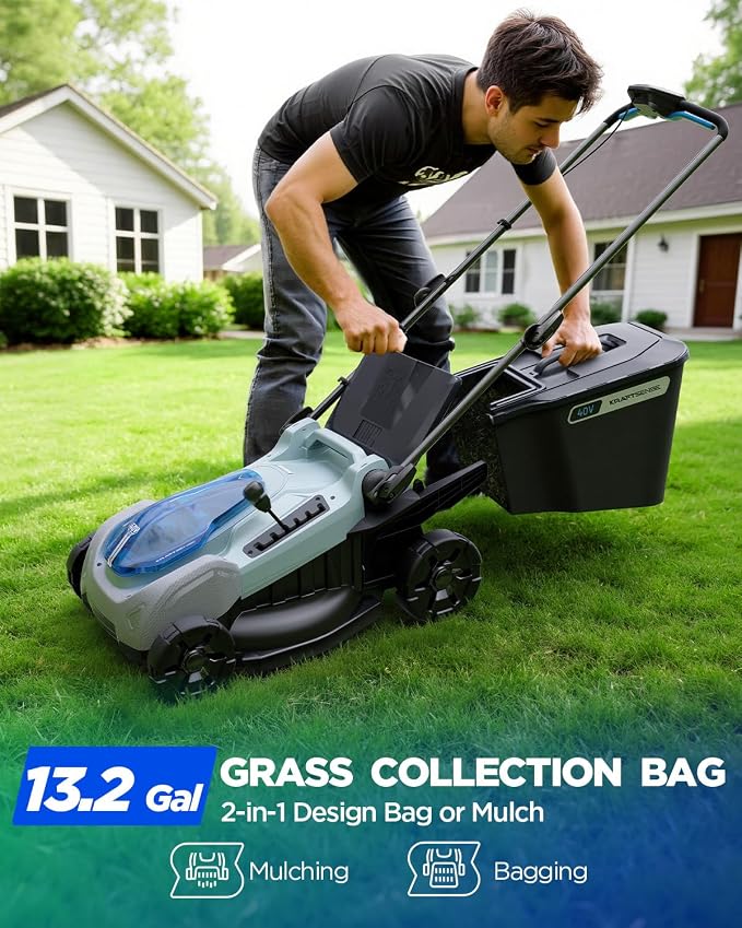 18-Inch Electric Lawn Mower, 40V Brushless Cordless Push Mower with 4.0Ah Battery & Charger, 2-in-1 Mulching/Bagging, 6-Position Height for Small to Medium Yards