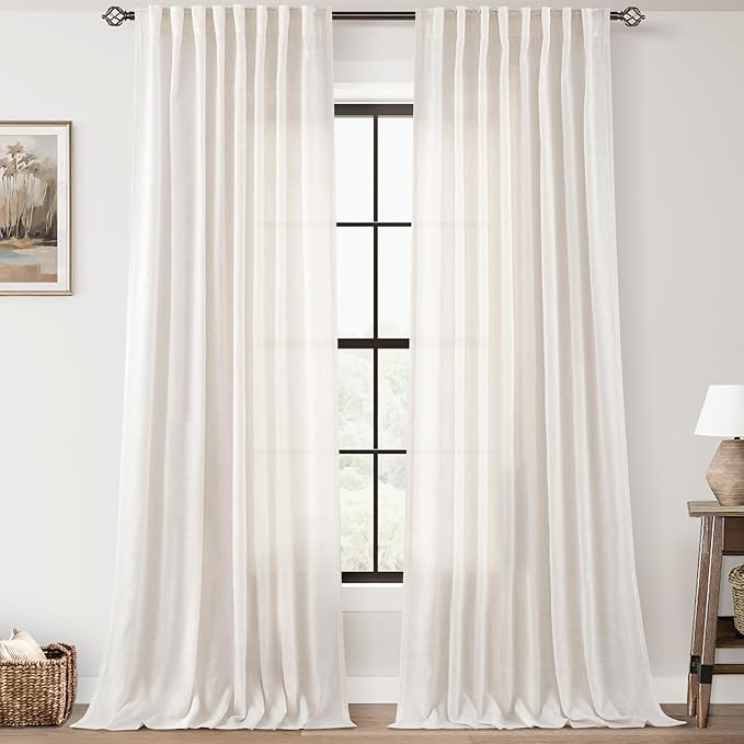 2 Panels Set Cream Linen Curtains 108 inches Long For Living Room Neutral Farmhouse Light Filtering Semi Sheer Linen Drapes 108 inch Ceiling To Floor For Large Window Villa Hallway Ivory FT 60x108