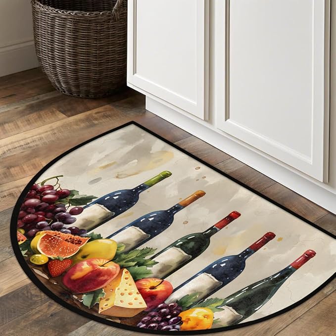 Grape Half Round Rug Half Moon Door Mat Half Circle Rugs | Fruit Wine Washable Non-Slip Semi Circle Rug Welcome Half Round Door Mat Indoor Entrance Kitchen Bedroom Living Room Decor
