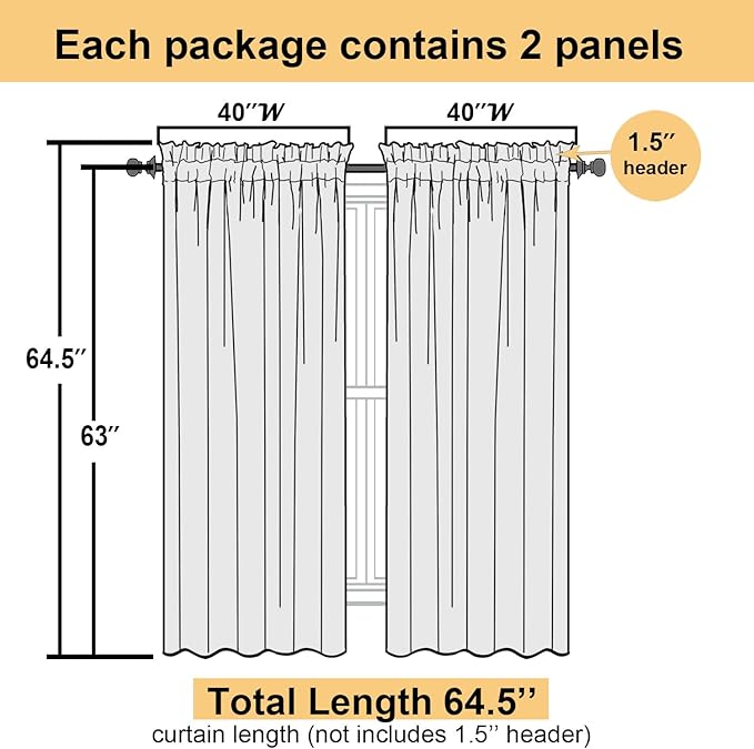 Lecloud White Sheer Curtains 63 Inch Length 2 Panels, Elegant Voile Drapes for Dinning Small Windows, Light Filtering Gauzy Curtain for Living Room Bedroom Bathroom, Dual Rod Pocket, 40" W x 63" L