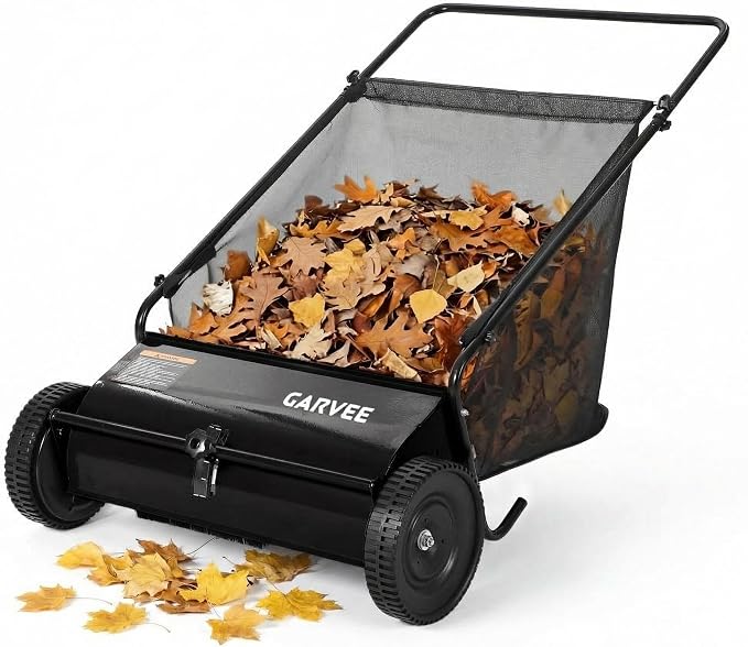 Push Lawn Sweeper 26in,Manual Push Leaf and Grass Sweeper | Heavy Duty Walk-Behind Lawn Sweeper,7ft³Removable Collection Bag,4 Rubber Wheels,Ideal for Garden, Park and Yard
