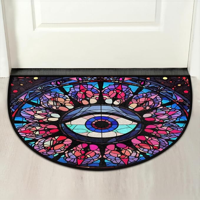 Colorful Eye Stained Glass Window Half Round Door Mat, Non-Slip Entrance Welcome Mat for Indoor Semi Circle Bathroom Floor Rugs Outdoor Mats House Heavy Duty Doormat for Kitchen Living Room 36x24 Inch