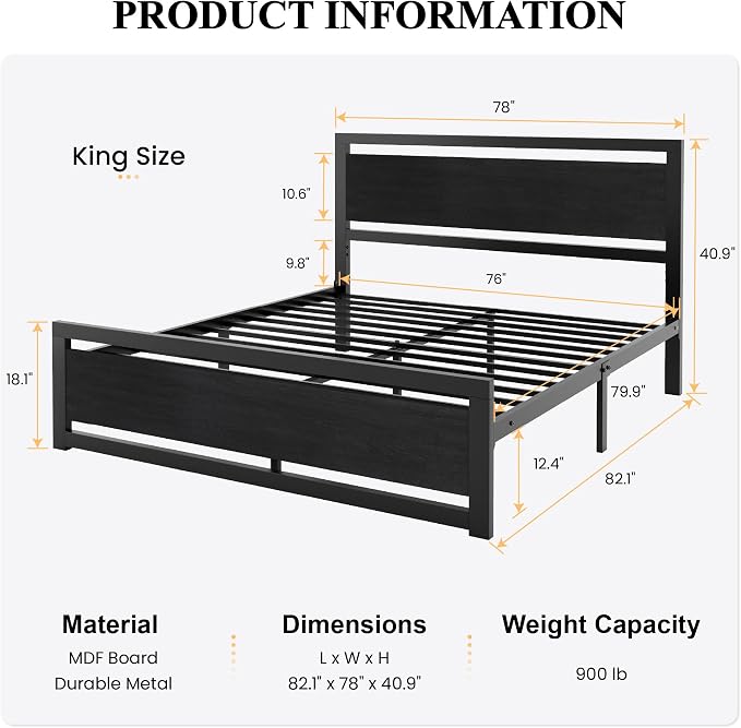 SHA CERLIN Heavy Duty King Size Bed Frame with Modern Headboard, Black | Platform Metal Base with Footboard and 13 Slats Support, No Box Spring Needed