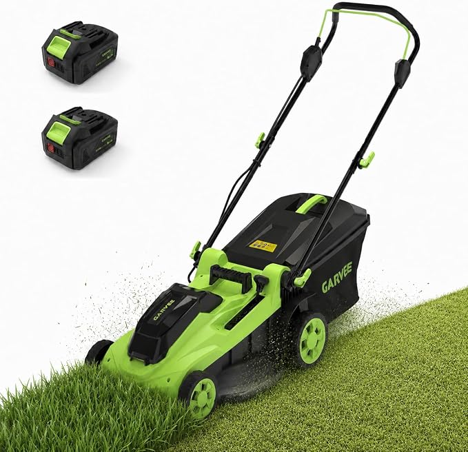 Garvee Cordless Lawn Mower, 17-Inch Battery Powered Electric Push Mower, 2-in-1 Mulching & Bagging, 6 Cutting Heights, 40L Grass Bag, Lightweight Walk-Behind Mower for Small to Medium Yards, Green
