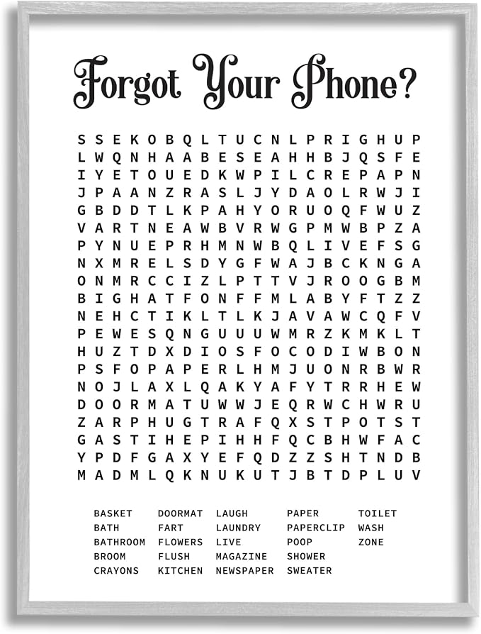 Bathroom Word Puzzle, 16 x 20 Inch Framed Giclée Print | Stupell Industries · By Lettered and Lined · Ready to hang · Great for bath or laundry spaces · Made in USA