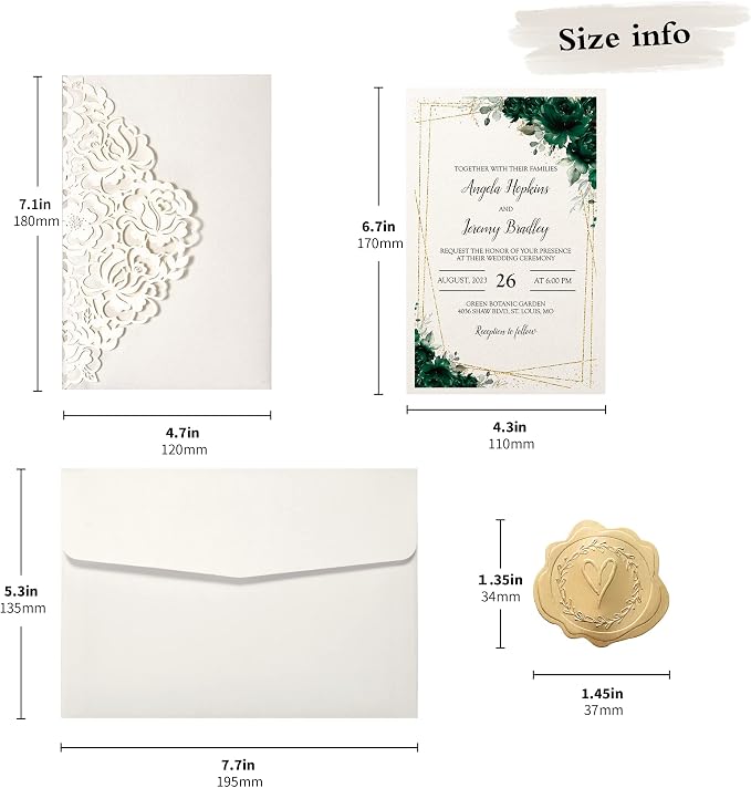 DORIS HOME 50Pcs Personalized Laser Cut Wedding Invitations, Ivory | 4.7"x7.1", Customized Anniversary Invitations, With Envelopes