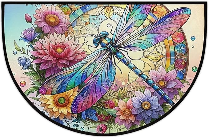 Colorful Dragonfly Flower Half Round Mat Half Moon Door Rug Washable Durable Semi Circle Carpet Floor mats for Indoor Outdoor Bathroom Kitchen Patio Hearth Rug Laundry Room Home Decoration