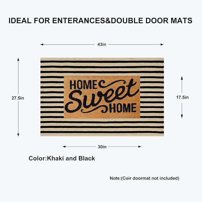 KIMODE Striped Outdoor Rug 27.5x43 Inches, Machine Washable Fall Front Porch Rug, Black and Khaki Front Door Mats, Hand Woven Welcome Layered Doormat Entryway Rug for Entrance, Doorway