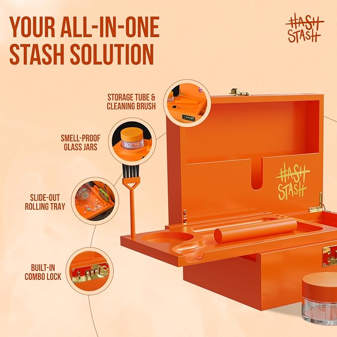 HASHSTASH The OG Storage Box - Large Bamboo Box with Combination Lock, Magnetic Lid, Organizer Tray, Airtight Tube and 3 Jars - Discreet Decorative Locking Wooden Box with Accessories (Neon Orange)
