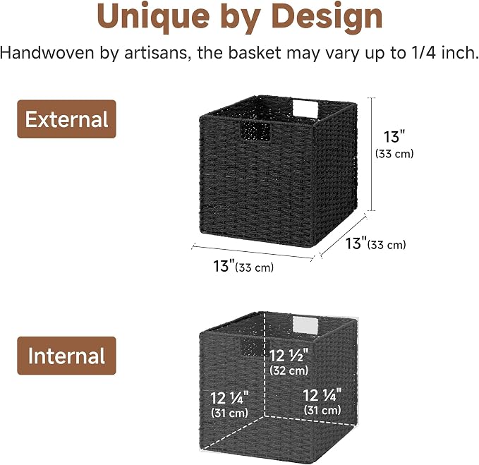 StorageWorks 13 inch Black Wicker Baskets for Storage,Foldable Black Basket | 2-Pack,Handwoven Wicker Storage Baskets for Organizing,Square Storage Cubes,Black Storage Bins,Paper Rope Square Baskets