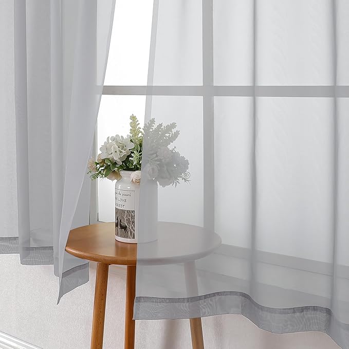 Lecloud Light Grey Sheer Curtains 63 Inch Length 2 Panels, Light Filtering - Image 3