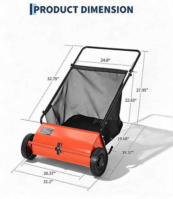 Push Lawn Sweeper, 26-Inch Width, 7 Cu. ft. Hopper Capacity, 4 Spinning Brushes