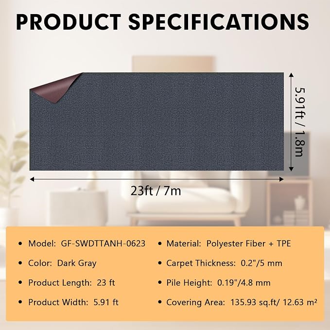 Grefinity Marine Carpet,6 FT x 23 FT Dark Gray Indoor Outdoor Carpet 0.2" Thick Boat Rug with Water-Proof TPE Backing for Home, Patio, Porch, Deck