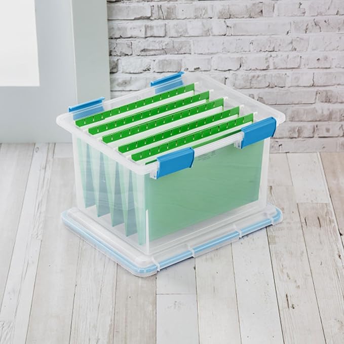Sterilite Gasket Storage Box with Lids for Home & Office, 32 Quart, 16-Pack | Heavy-Duty, Stackable, and Organizing Containers for Bathroom, Cabinet, Closet, and Garage, Clear and Blue Aquarium Latches