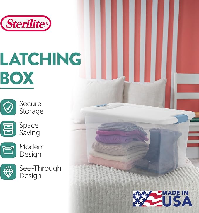Sterilite 12 Pack Latching Box, Under Bed Storage Bins with Lids, Clear Plastic, 64 Quart - Heavy-Duty Organizing Containers for Closet, Bathroom, and Office | Heavy-Duty and Stackable Plastic Containers with Latches for Closet, Cabinet, Bedroom, Bathr...