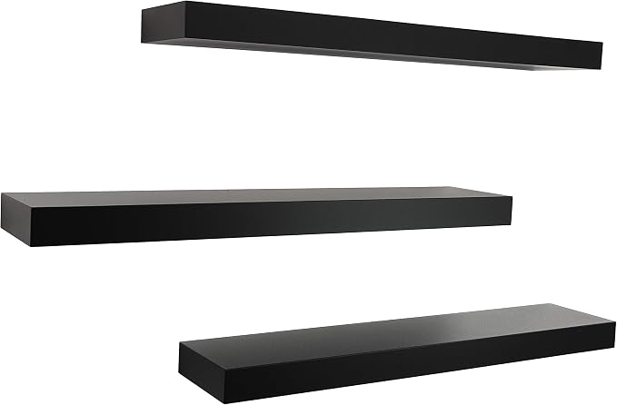 Kiera Grace Set of Three Maine Simple & Classic Decorative Engineered Wood Floating Wall Shelves for Home, Room, & Office, 24" L x 4.75" W x 3" H, Black